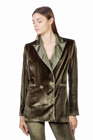 Hera Velvet Dinner Double-Breasted Jacket in Olive Green